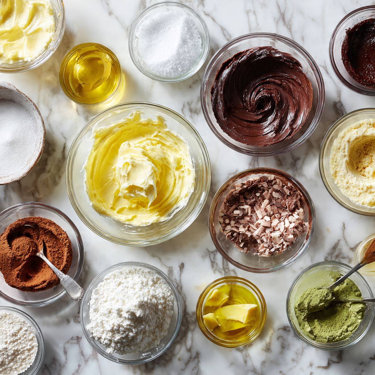 ingredients of cake flavors in glass bowls on marb