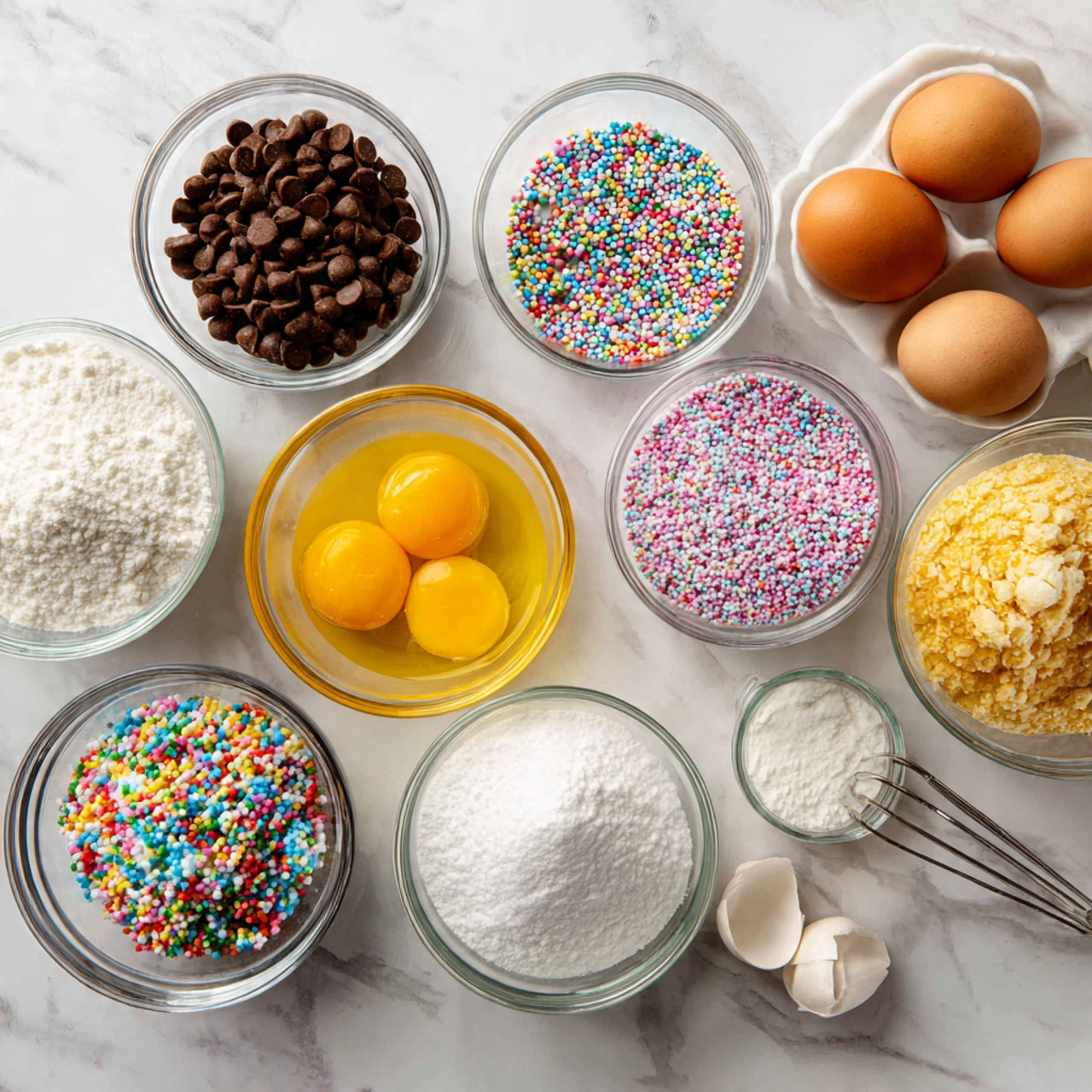 ingredients of cake pop recipe in glass bowls on m