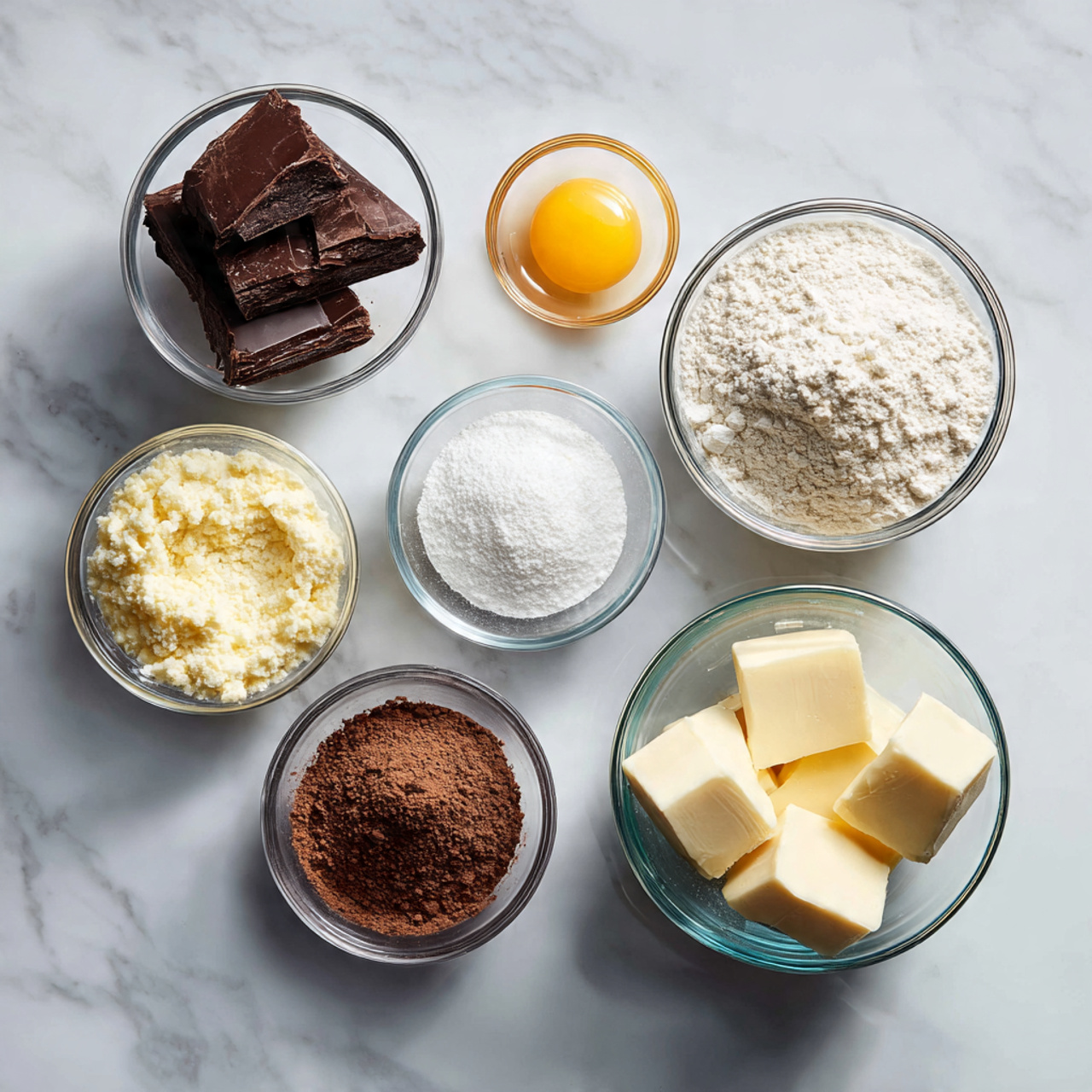 ingredients of cake recipe in glass bowls on marbl