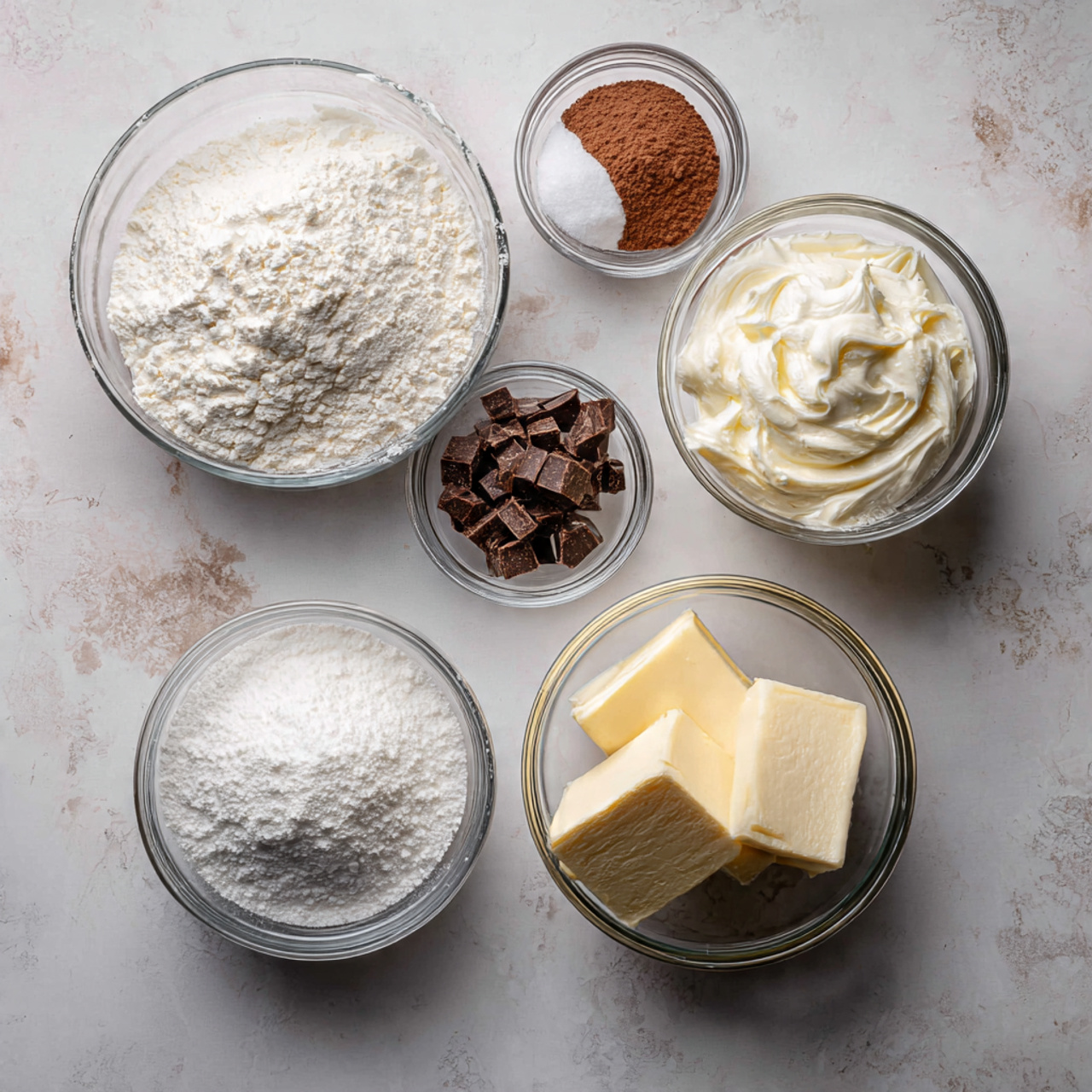 ingredients of cake slice recipe in glass bowls on