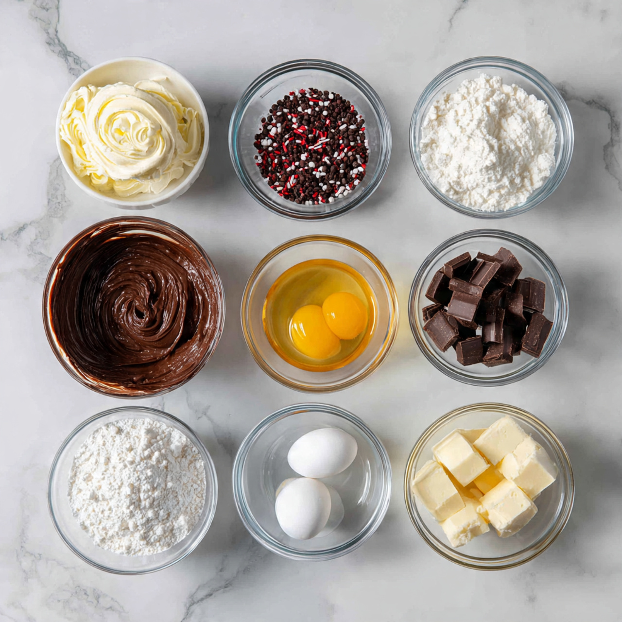 ingredients of cake topper in glass bowls on marbl