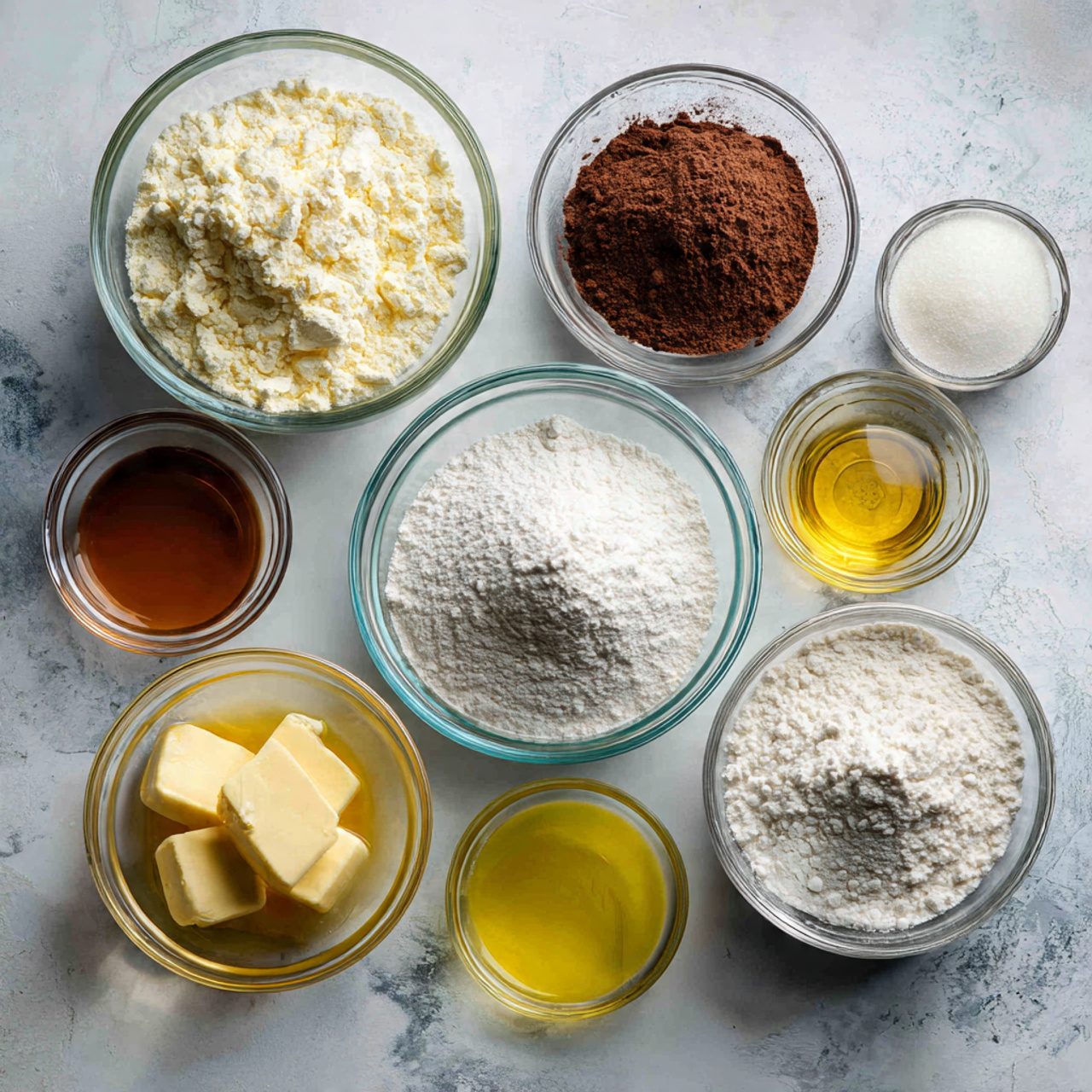 ingredients of cake wedding recipe in glass bowls