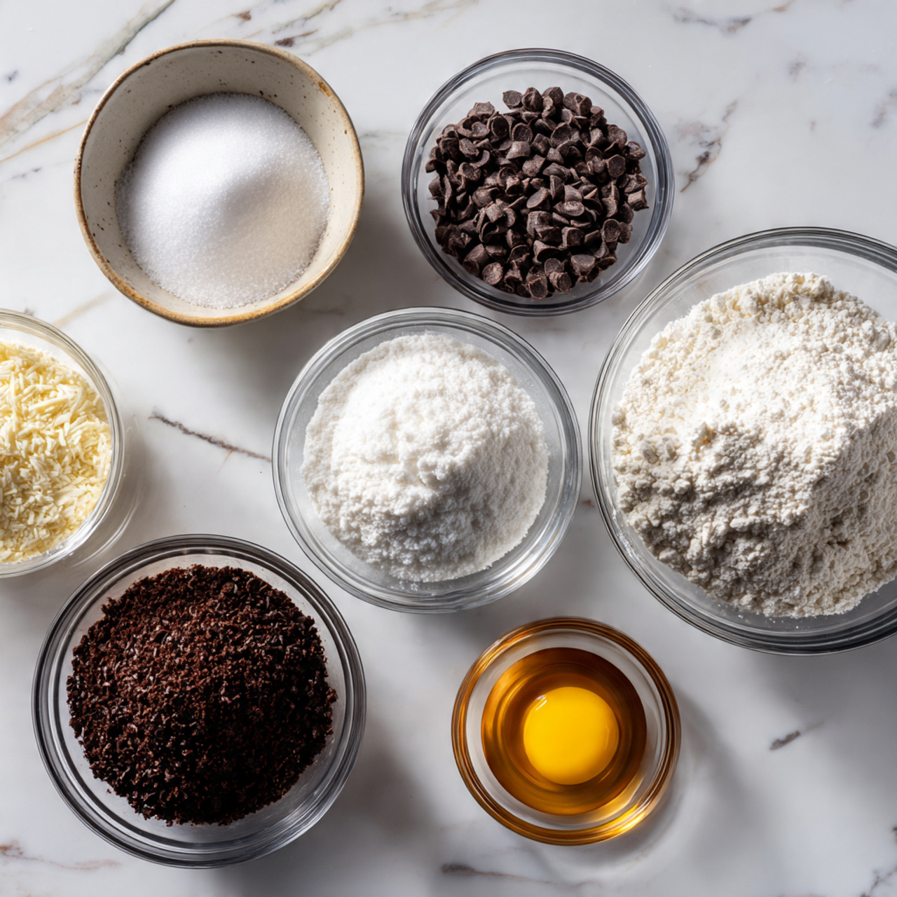 ingredients of dirt cake recipe in glass bowls on