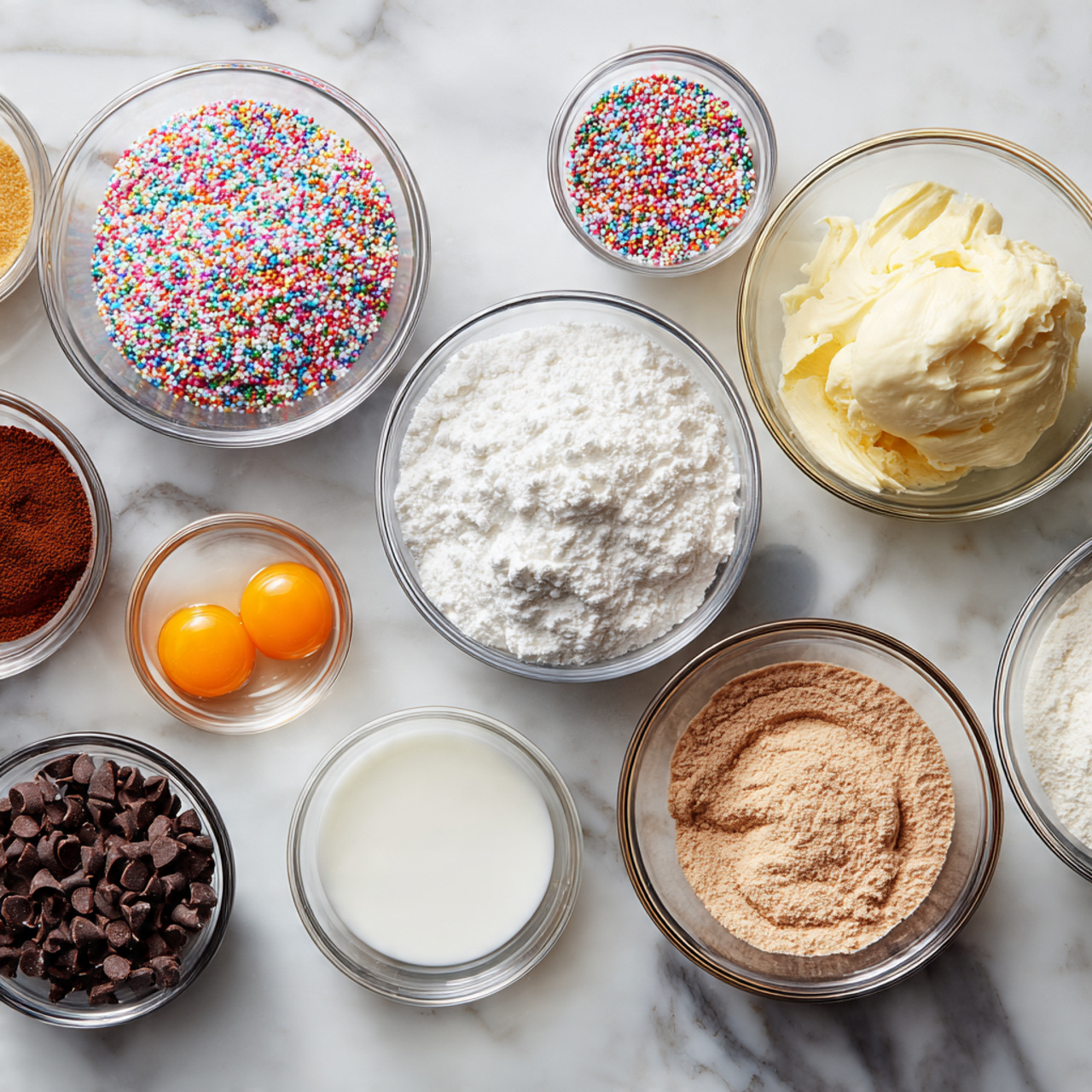 ingredients of donut cake recipe in glass bowls on