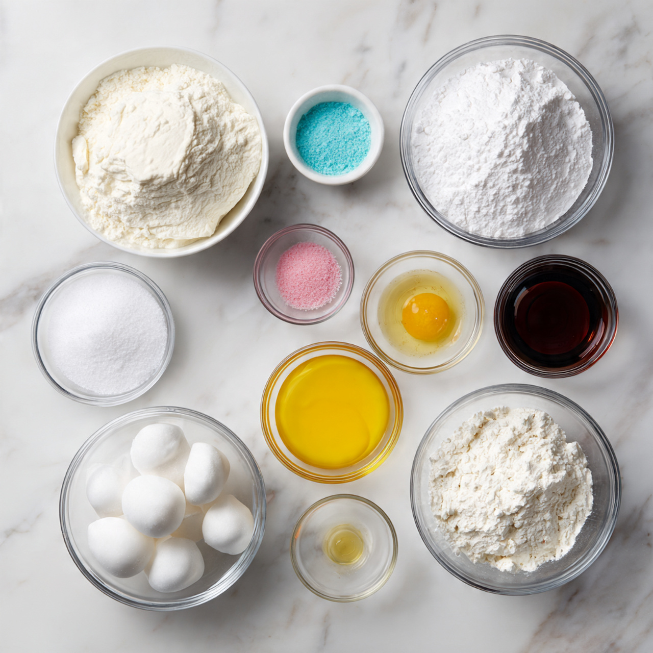 ingredients of fairy cake recipe in glass bowls on