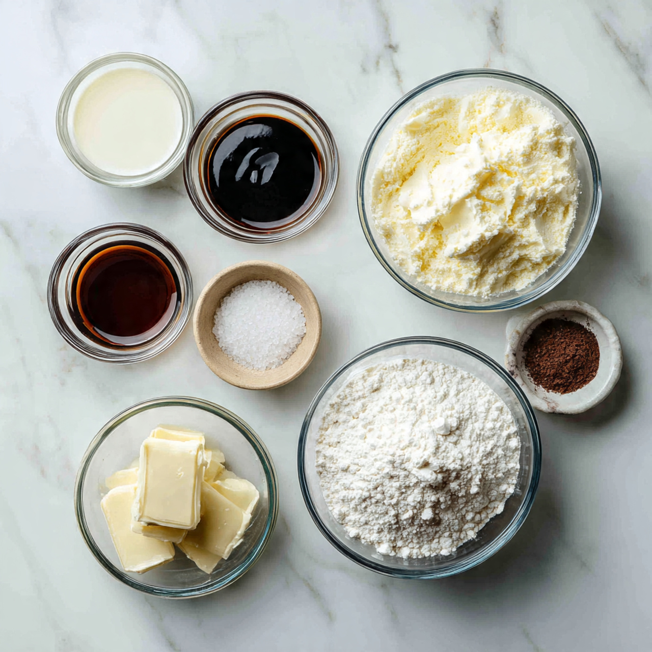 ingredients of frozen cake recipe in glass bowls o