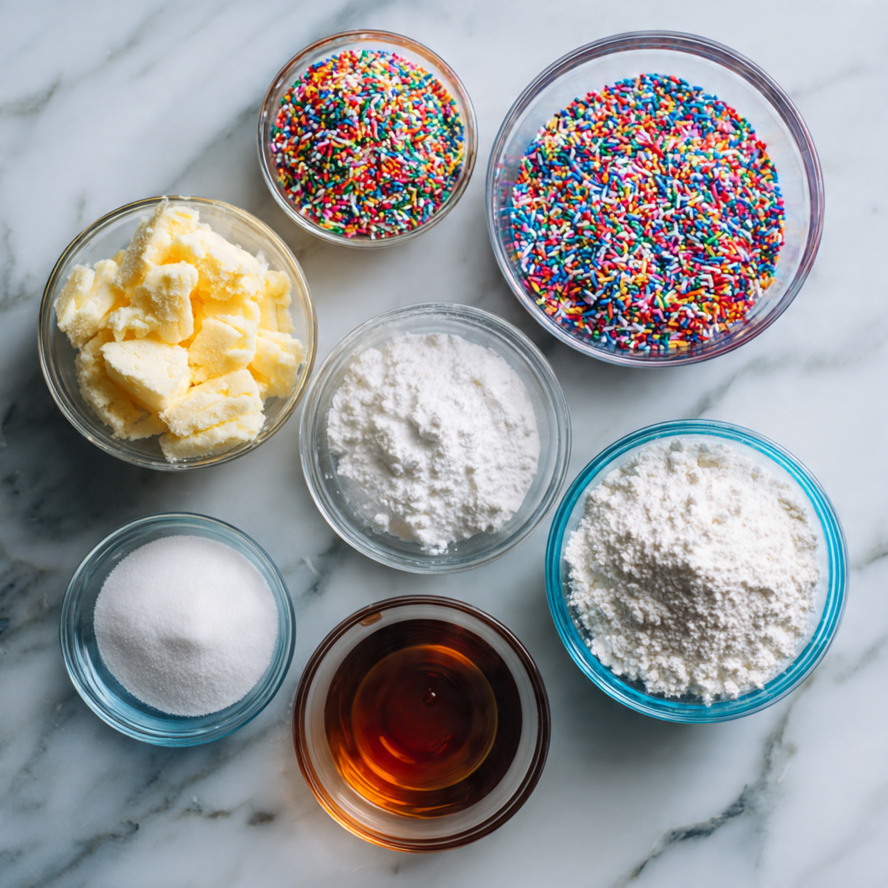 Funfetti Cake 2 ingredients of funfetti cake recipe in glass bowls