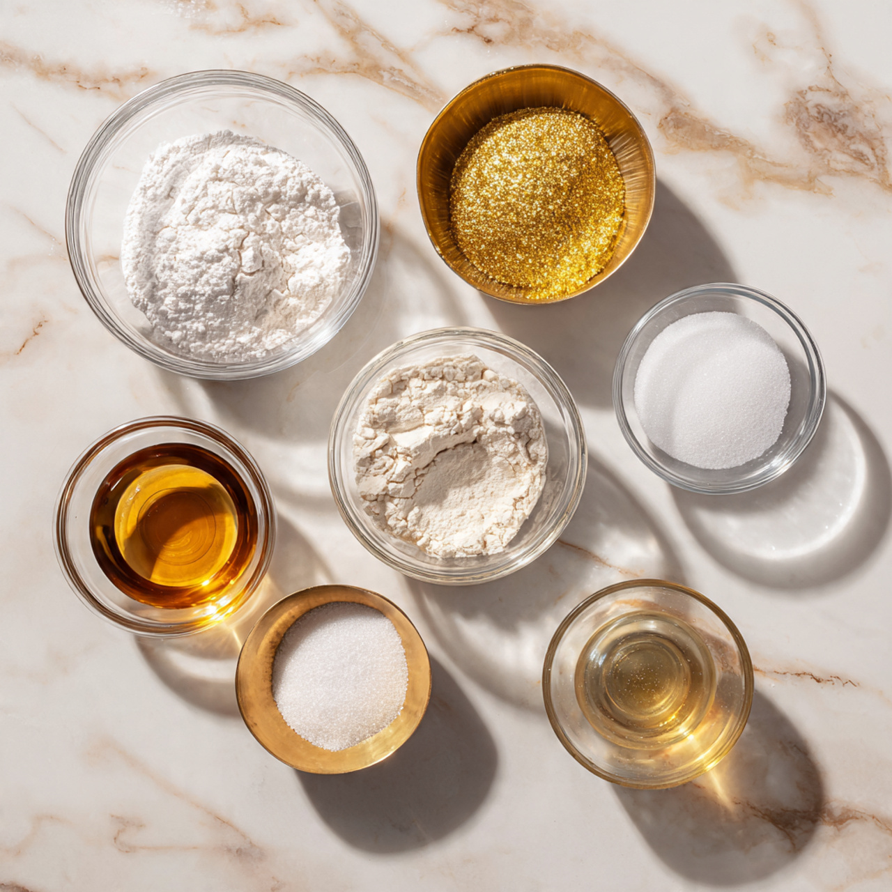 Glitter Cake 2 ingredients of glitter cake recipe in glass bowls