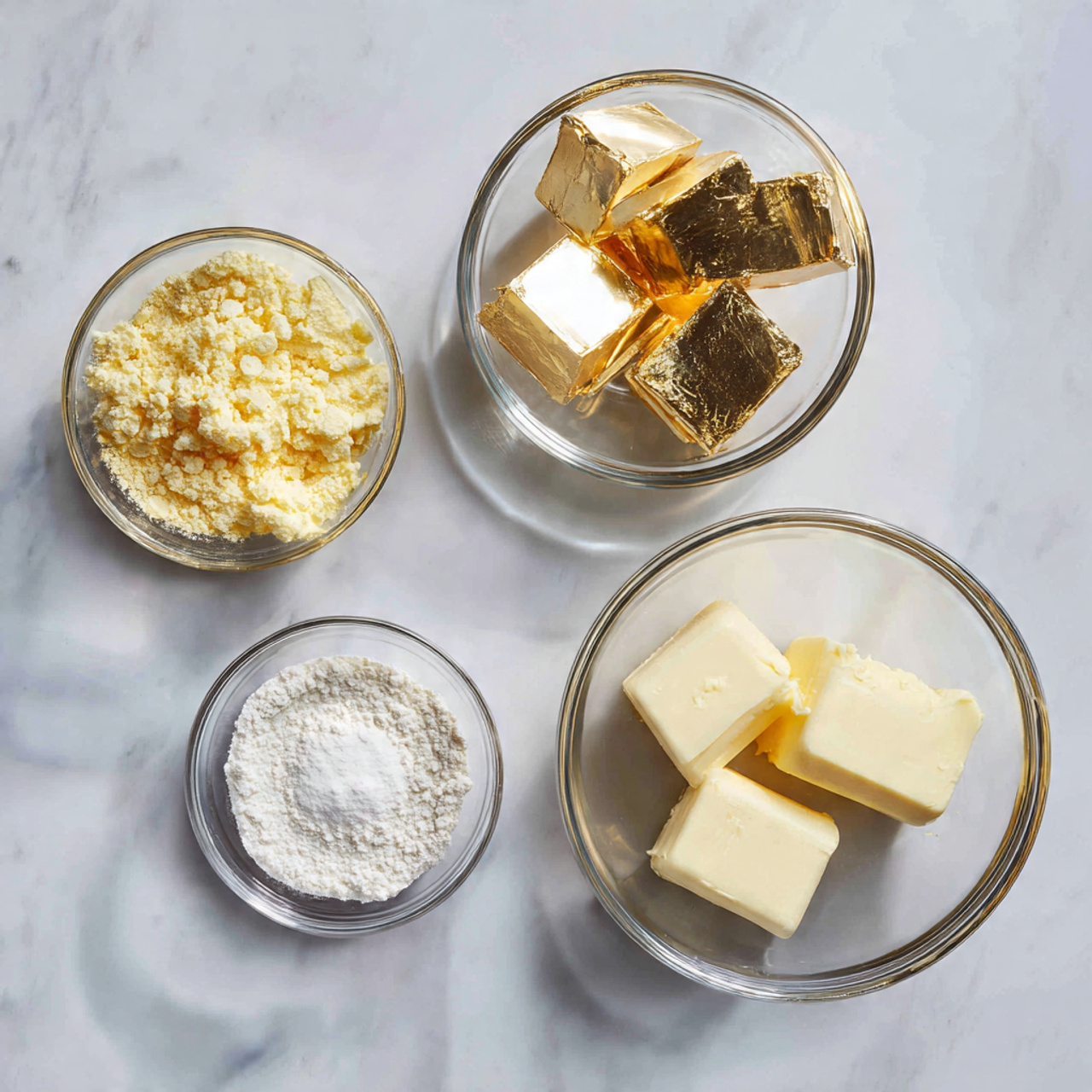 ingredients of gold cake recipe in glass bowls on