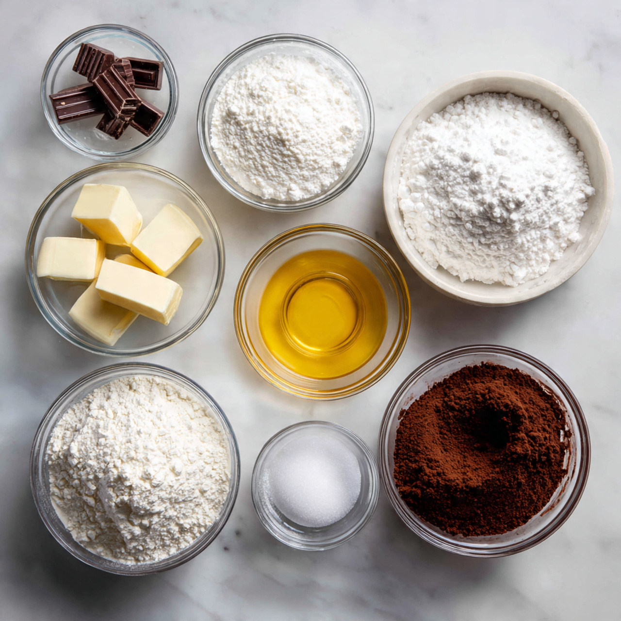 ingredients of golf cake recipe in glass bowls on