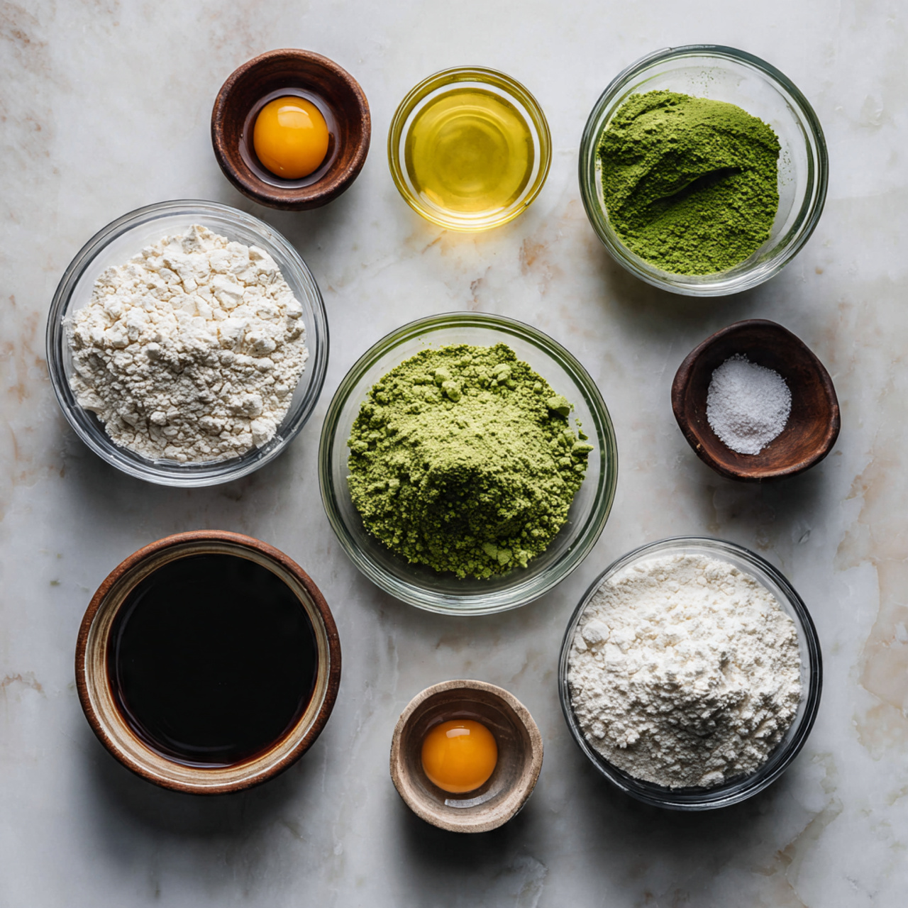 ingredients of green cake recipe in glass bowls on