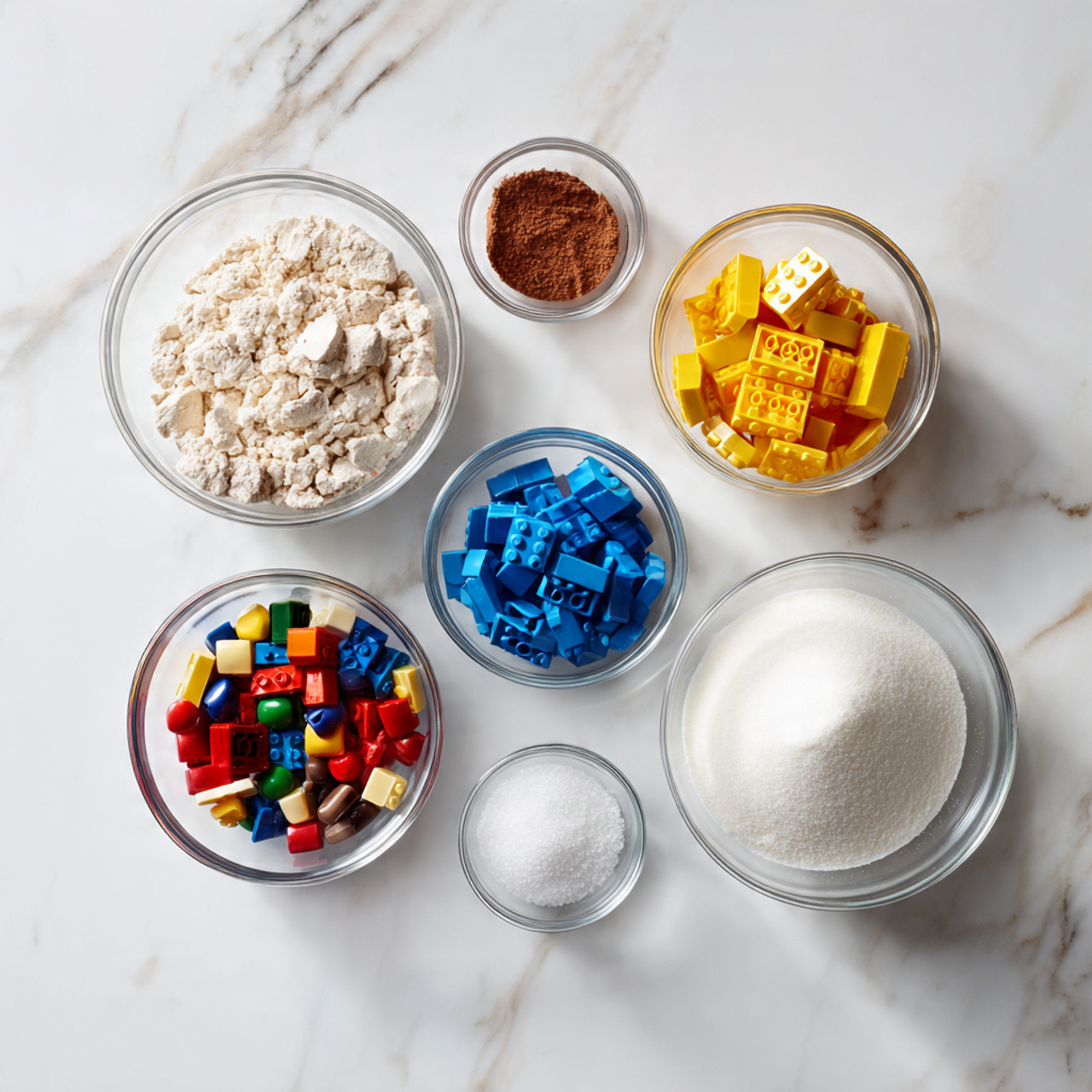 ingredients of lego cake in glass bowls on marble