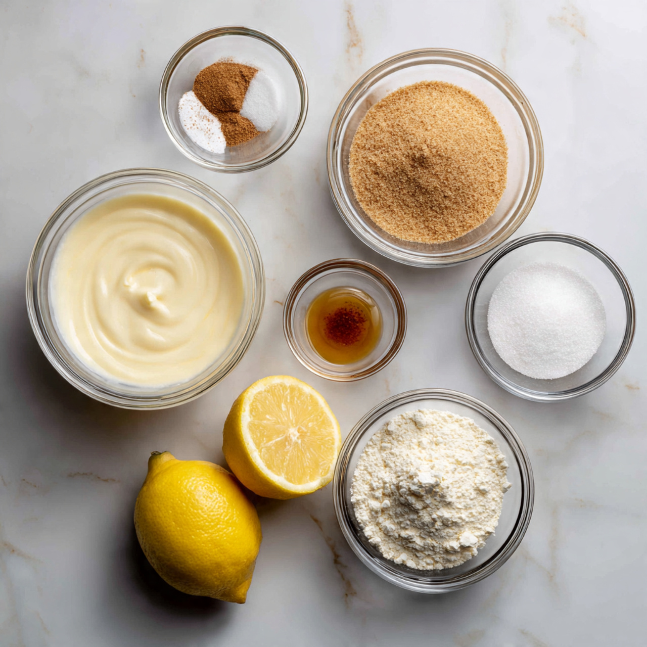 ingredients of lemon cheesecake recipe in glass bo