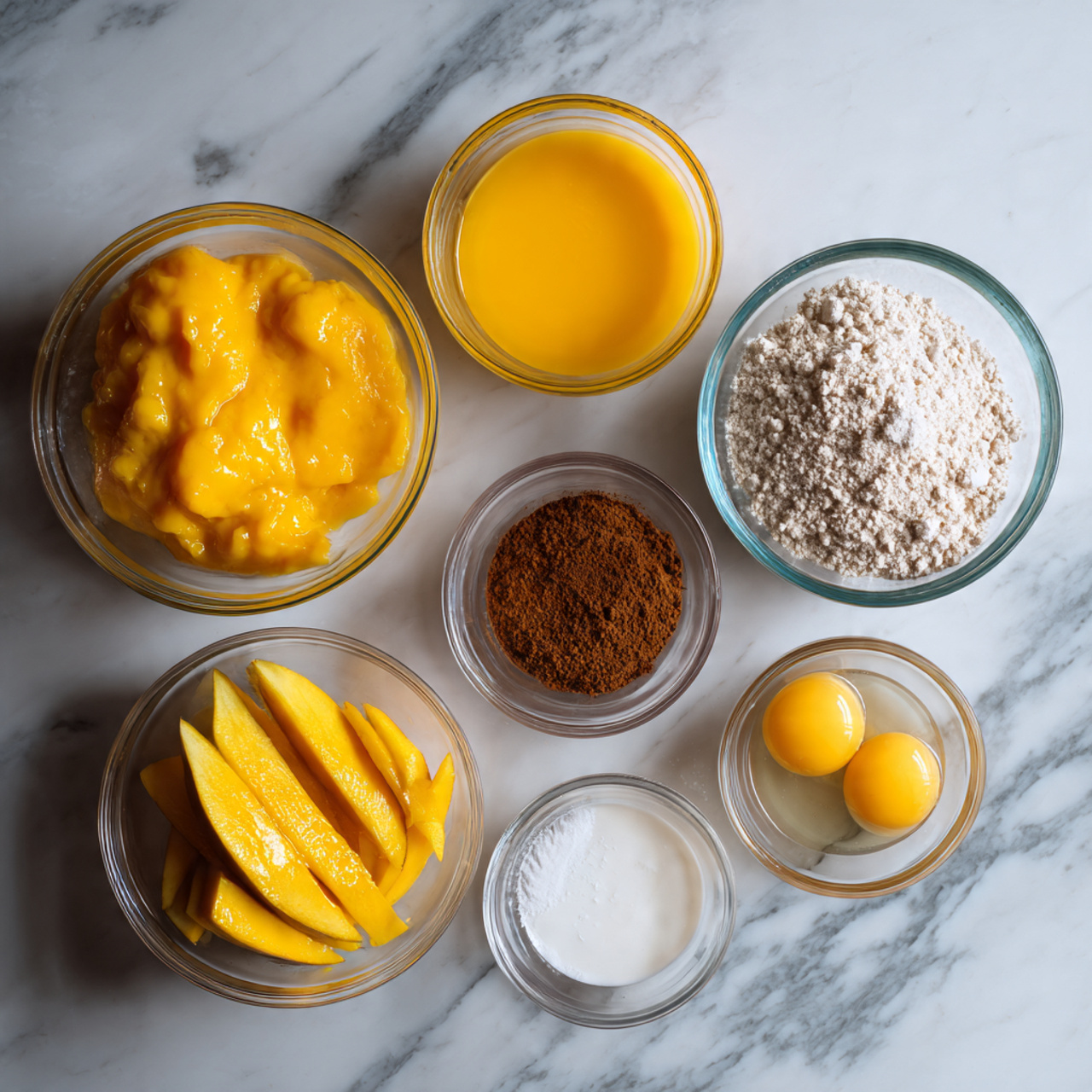 Mango Cake 2 ingredients of mango cake in glass bowls on marble