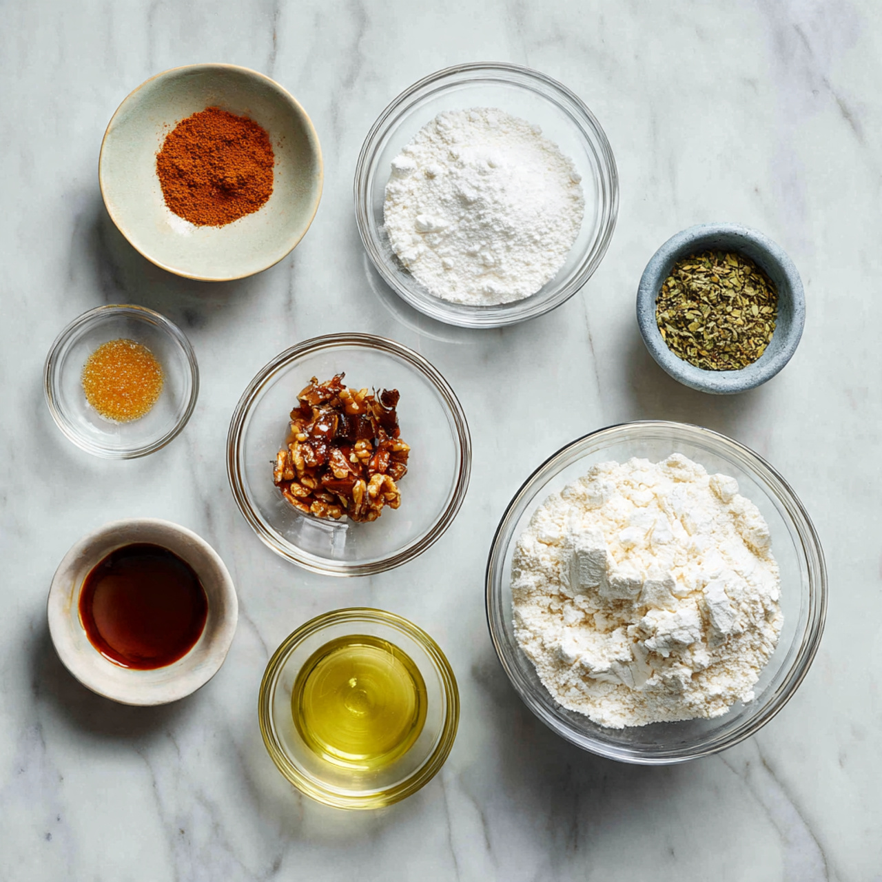 ingredients of moon cake recipe in glass bowls on