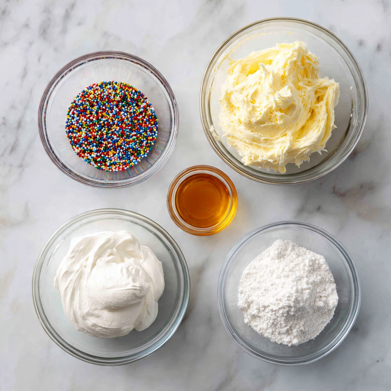 ingredients of pokemon cake recipe in glass bowls