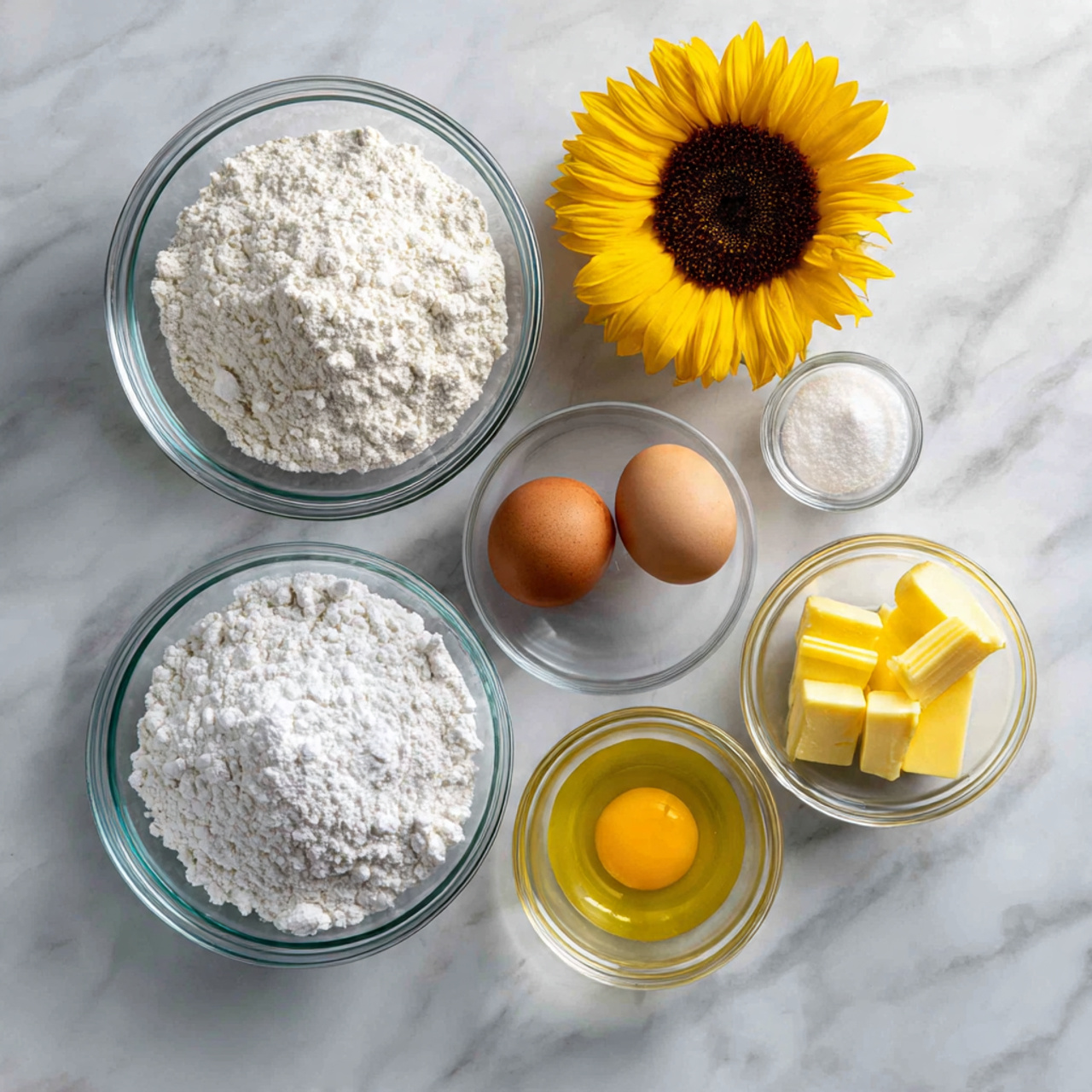 ingredients of sunflower cake recipe in glass bowl