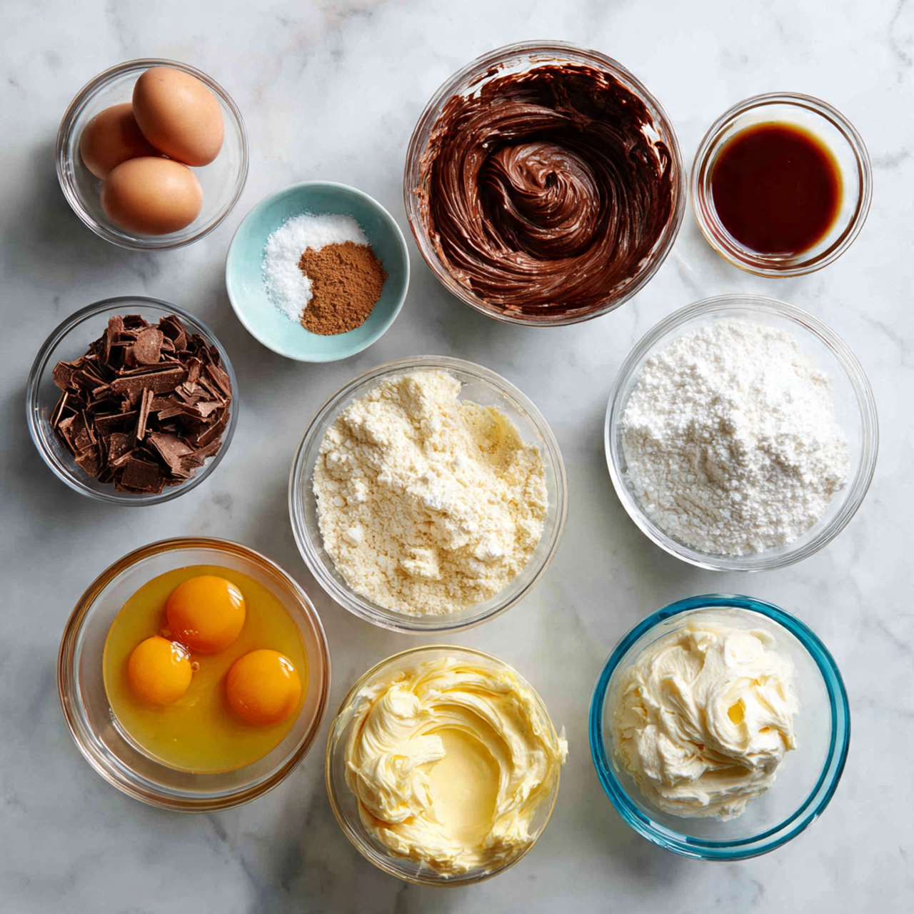 ingredients of ugly cake recipe in glass bowls on