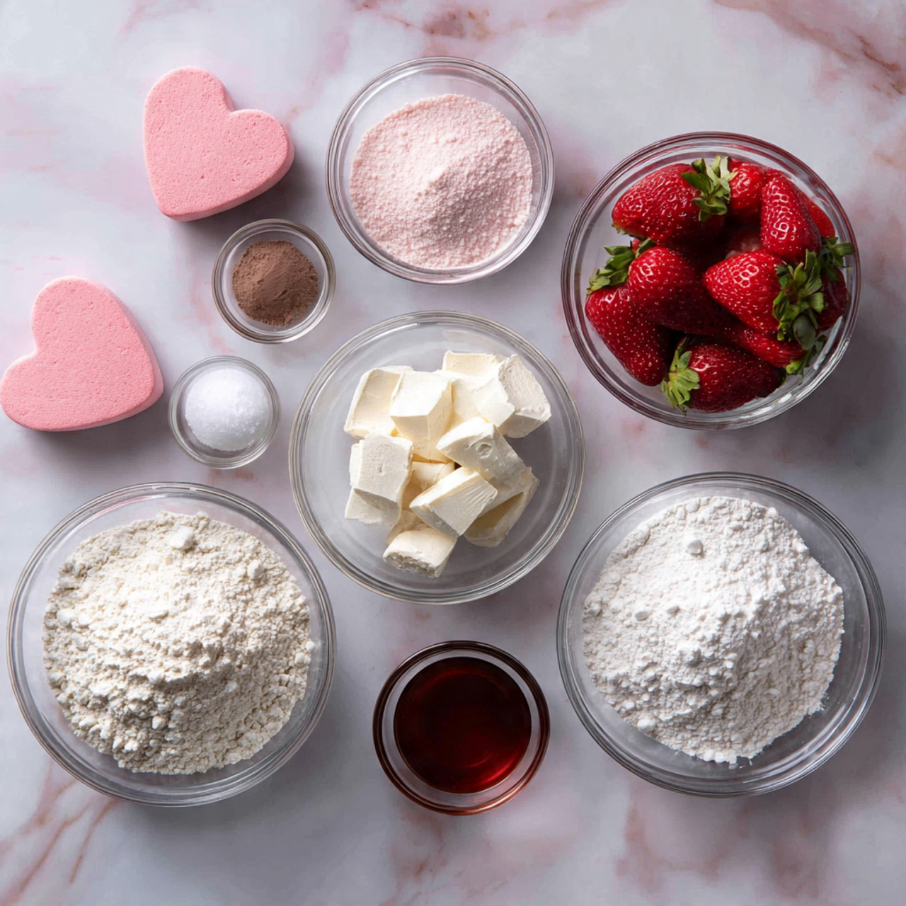 ingredients of valentines cake in glass bowls on m