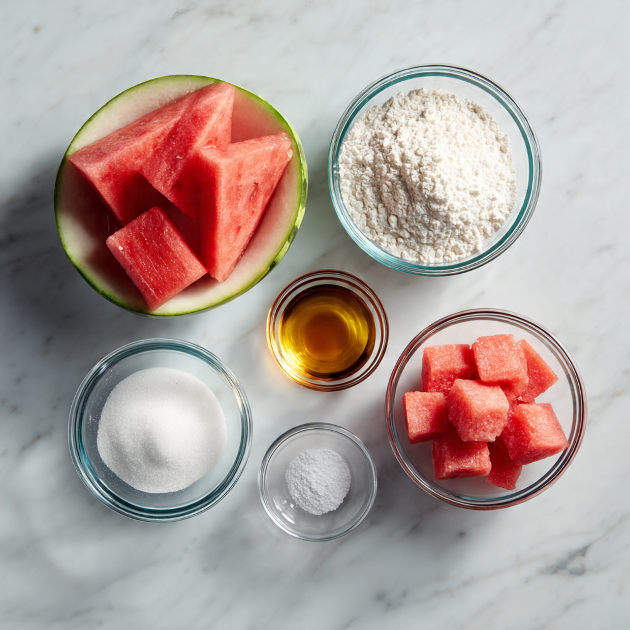 ingredients of watermelon cake recipe in glass bow