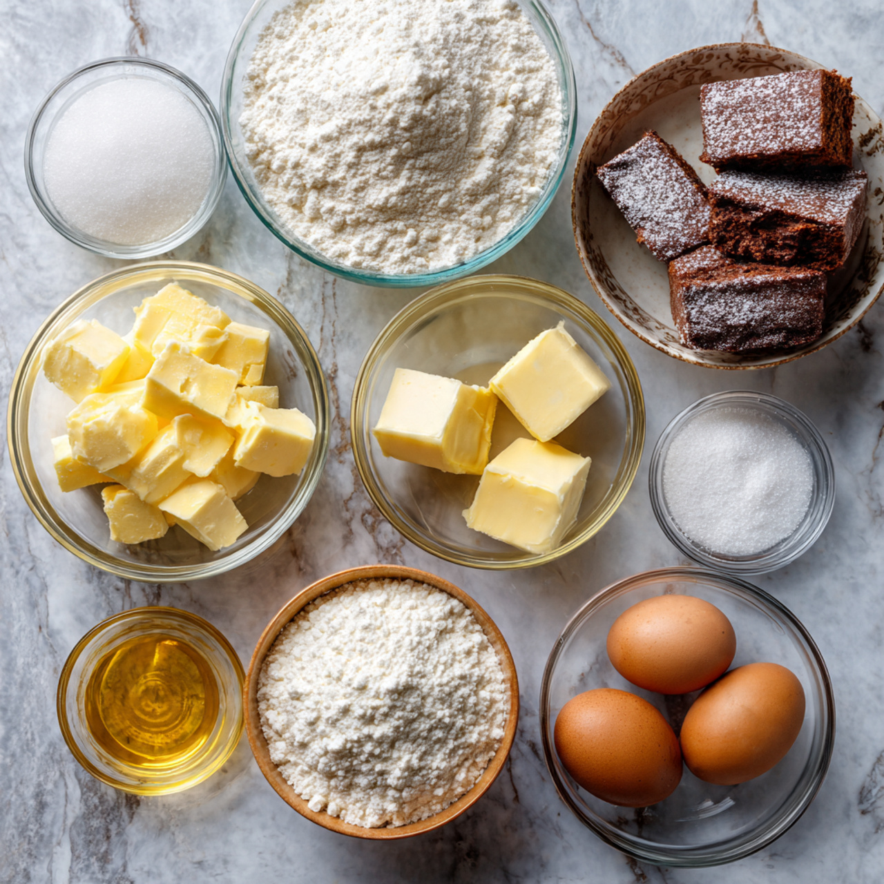 ingredients of yellow cake recipe in glass bowls o