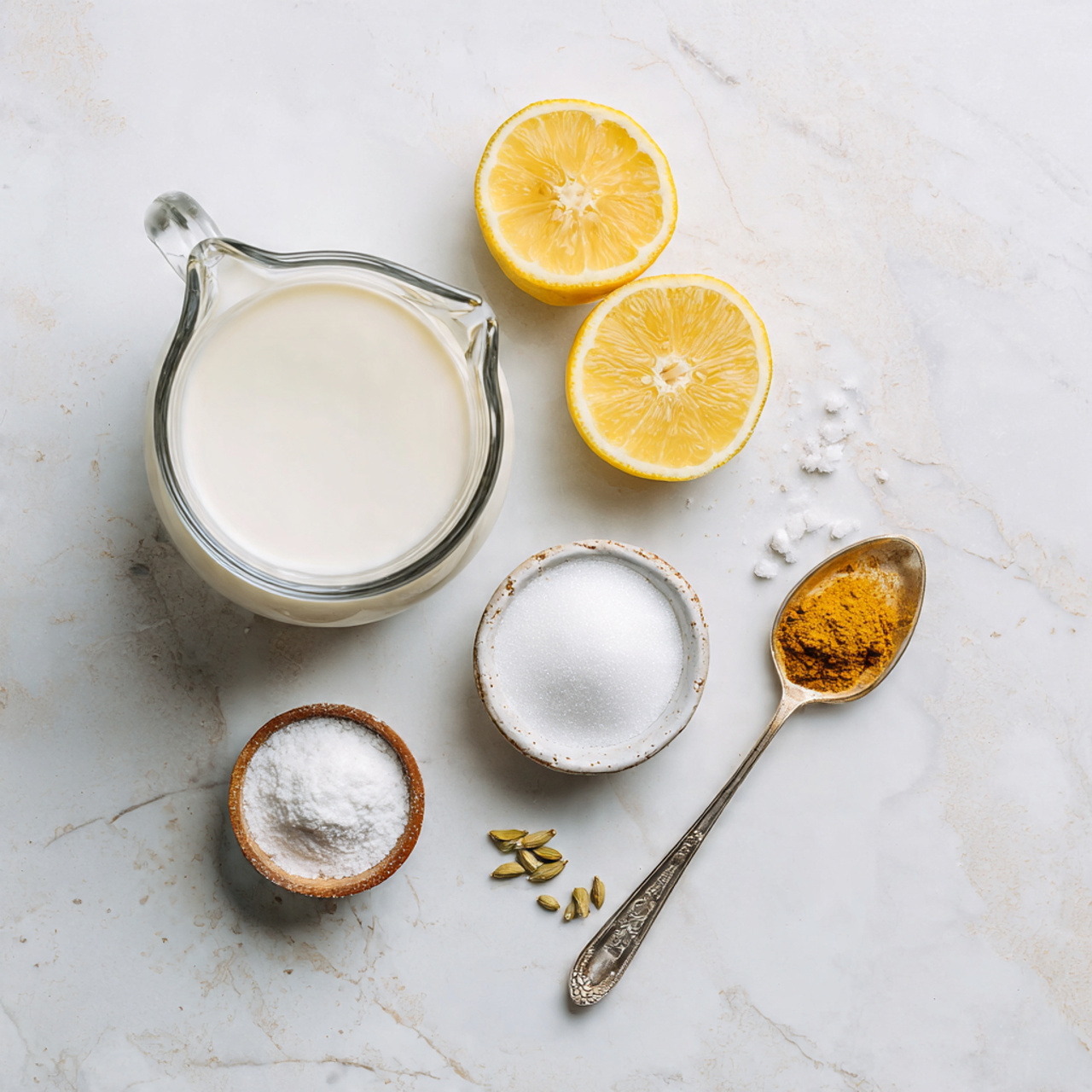 simple ingredients for milk cake neatly arranged o