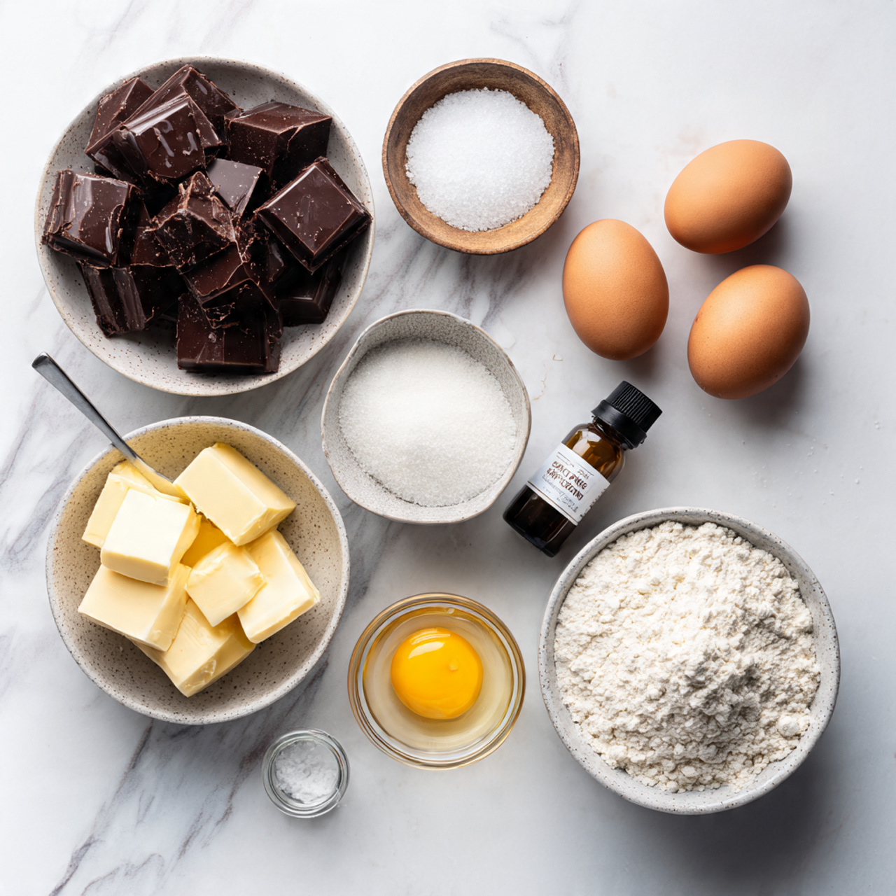 top down flat lay of chocolate lava cake ingredien
