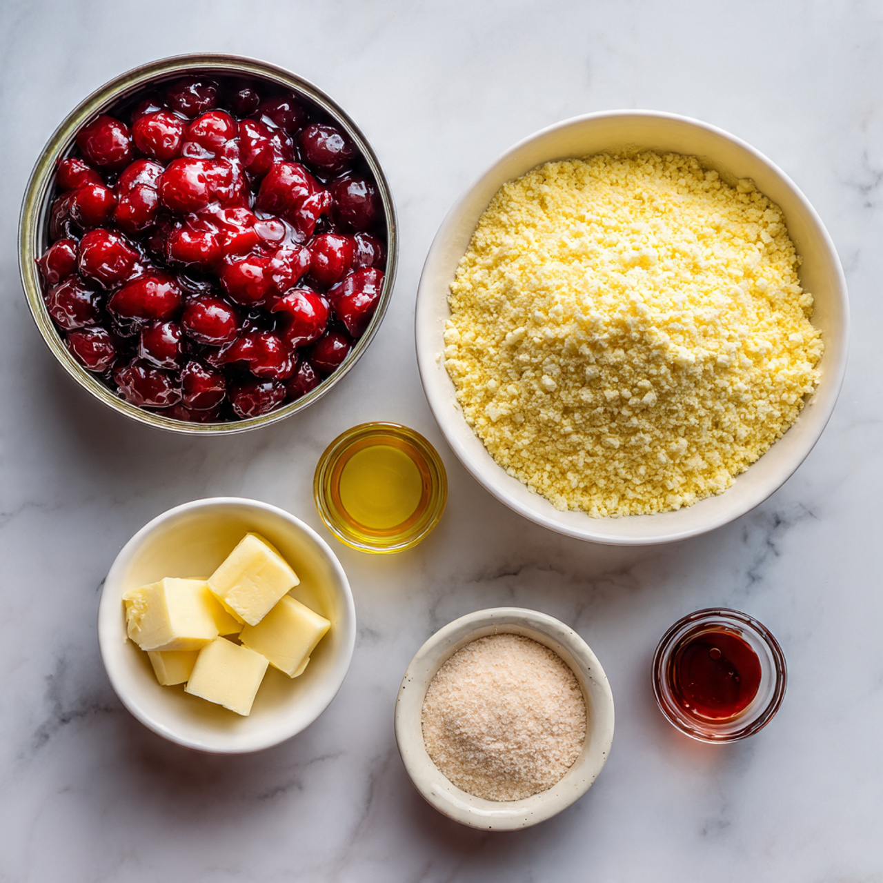 top down view of cherry dump cake ingredients arra