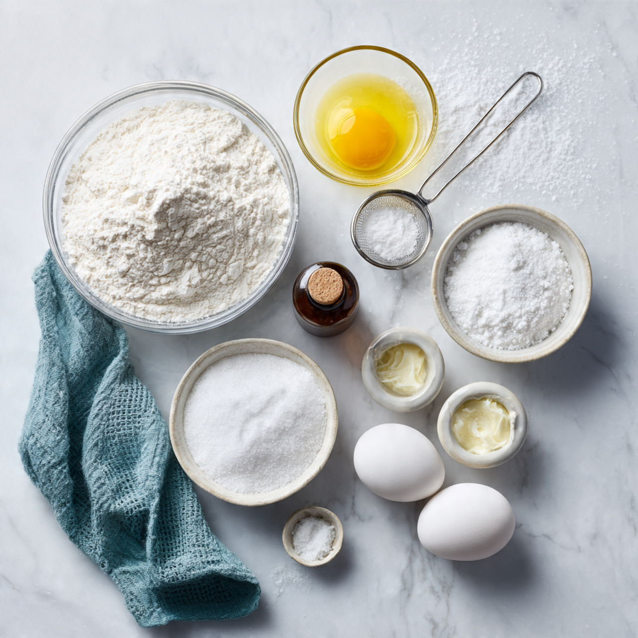 Angel Food Cake 2 top view of neatly arranged ingredients for angel