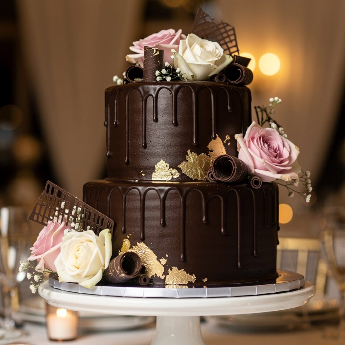 12 Stunning Wedding Cake Ideas That Will Make Every Guest Stop and Stare 4 dark chocolate ganache drip wedding cake rich dark edited