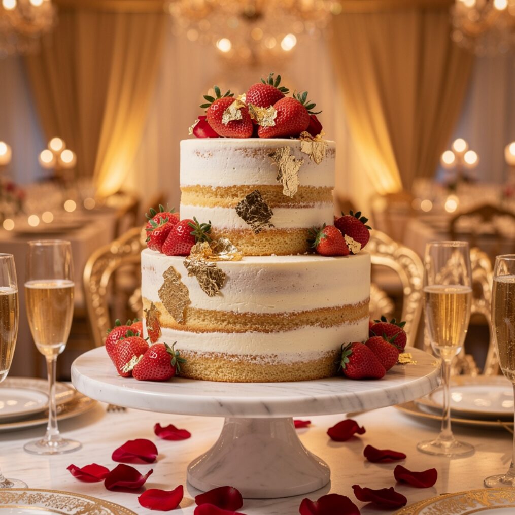12 Stunning Wedding Cake Ideas That Will Make Every Guest Stop and Stare 7 luxurious champagne and strawberry wedding cake wi edited