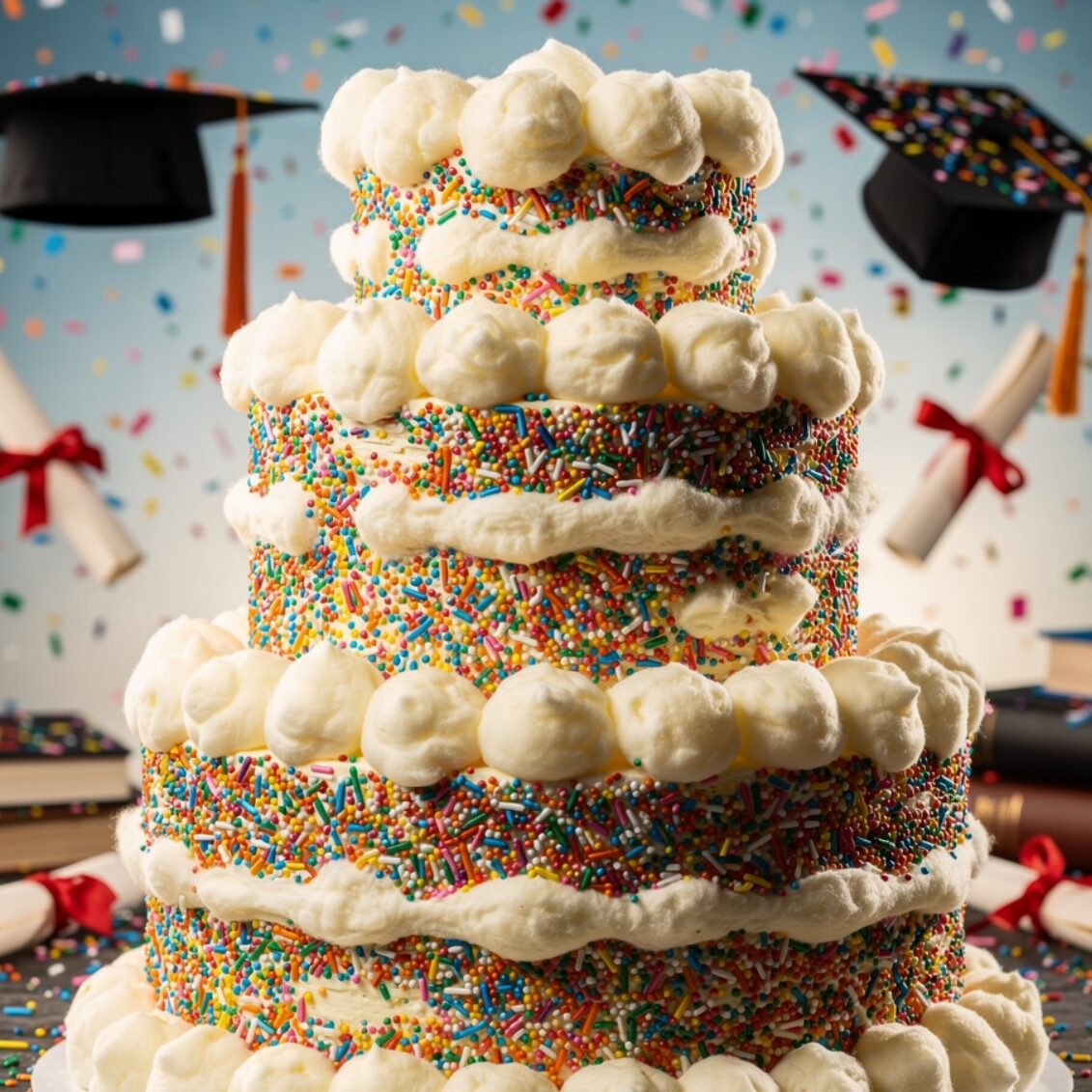 12 Stunning Graduation Cake Ideas That Will Make Your Grad Feel Truly Celebrated 2 ultra realistic photo of a colorful confetti layer edited