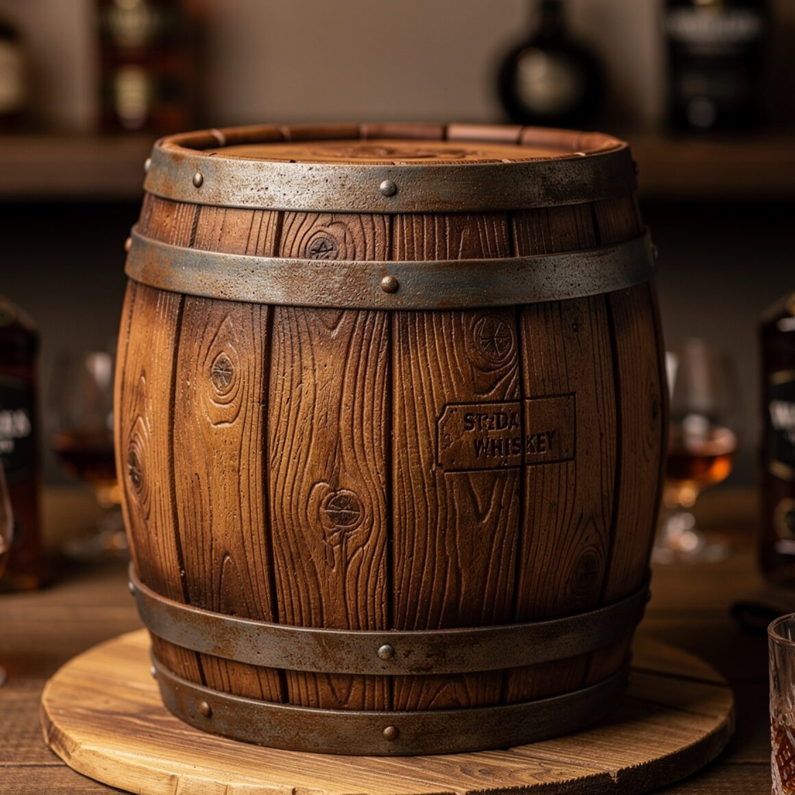 ultra realistic whiskey barrel inspired cake with edited