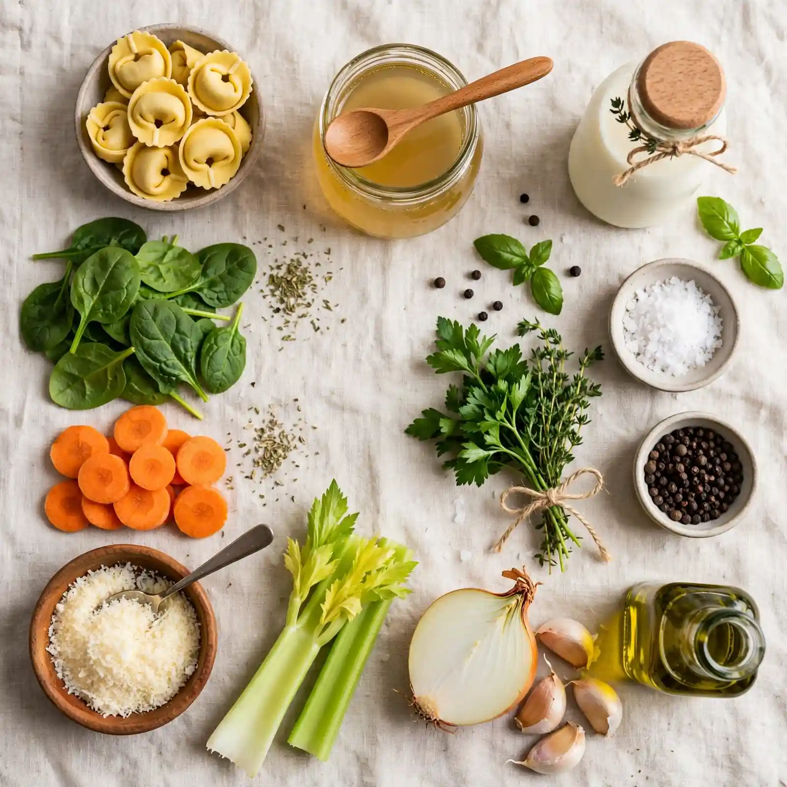 Ingredients of Creamy Tortellini Soup