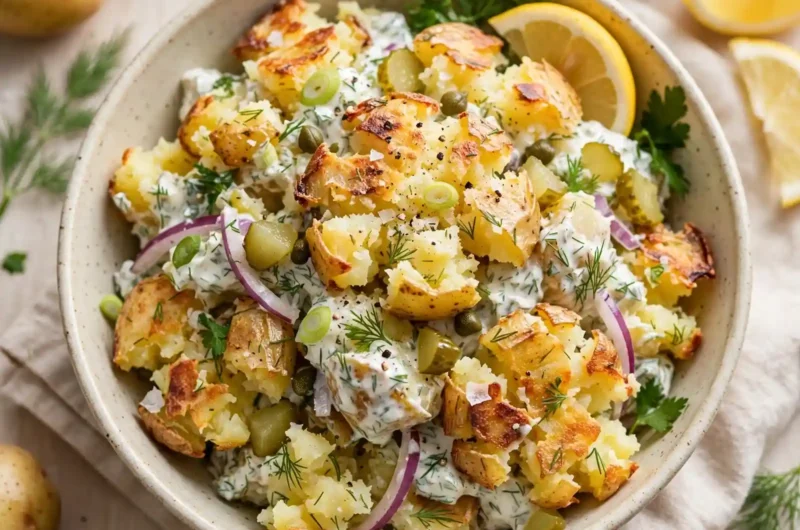 The Crispiest, Creamiest Smashed Potato Salad Everyone Will Ask You to Bring Again 3 Crispy Smashed Potato Salad with Tangy Herb Dressing